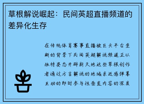 草根解说崛起：民间英超直播频道的差异化生存