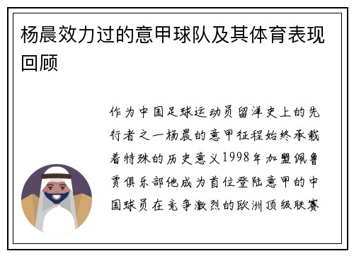 杨晨效力过的意甲球队及其体育表现回顾