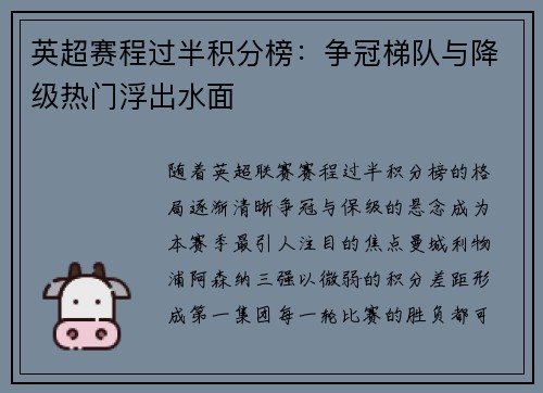 英超赛程过半积分榜：争冠梯队与降级热门浮出水面